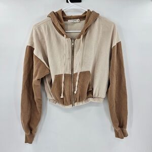 Live to be spoiled large crop top sweatshirt hoodie brown tan cream color block